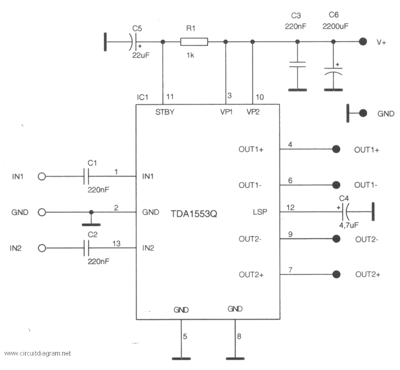 Schematic & Wiring Diagram: Car Stereo Audio Amplifier with TDA1553CQ