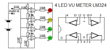 4 LED VU meter LM324 | electro,circuit, schema & Datasheet