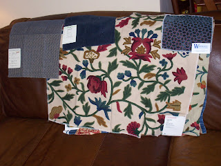 blue fabric samples crewel work