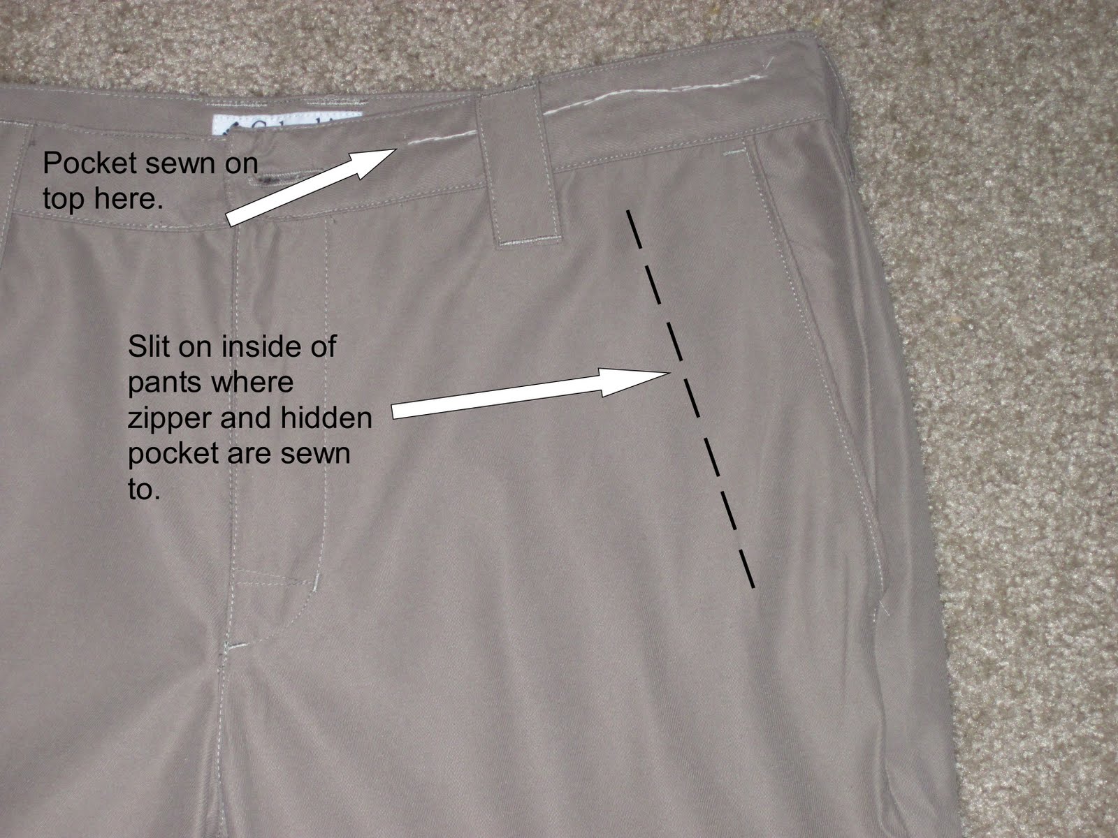 Sewing hidden pockets into pants for travel