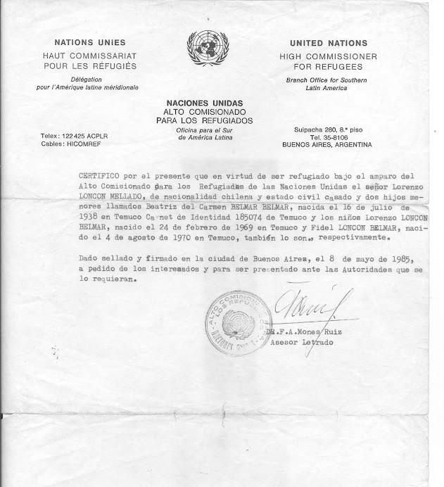 CERTIFICADO DE REFUGIO SOCIOPOLITICO 8-MAYO-1985, PUELMAPU - PETU MONGUELEYIN - ¡¡MARICHI WEU!!