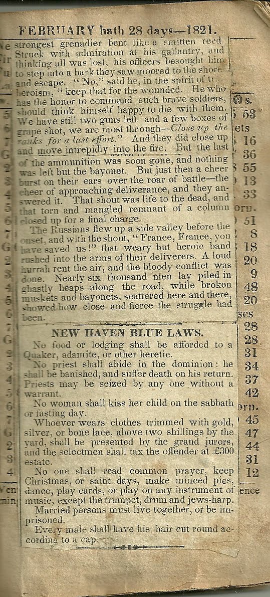 Heirlooms Reunited New Haven Blue Laws, clipping in 1821 Vermont