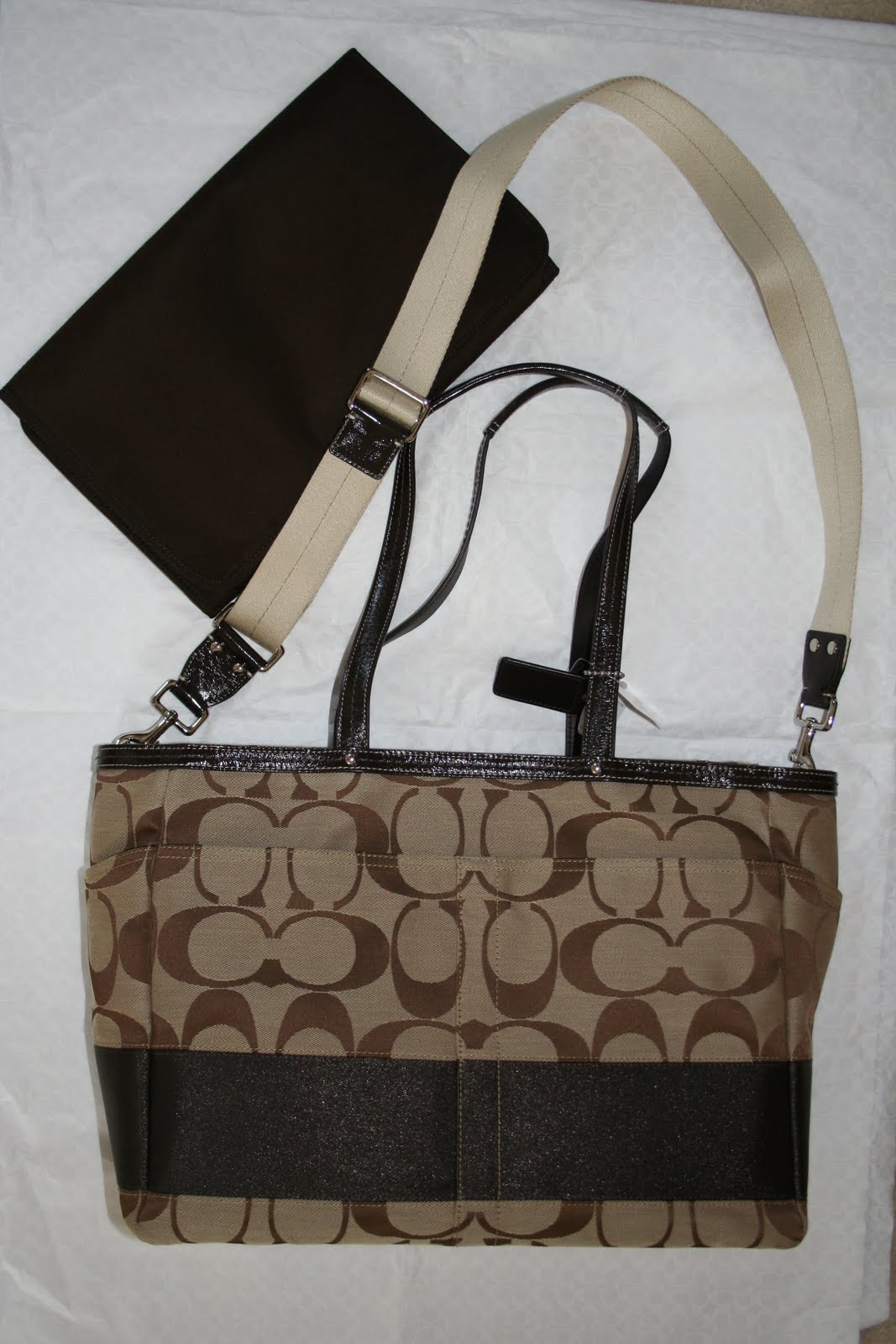 Luxury Bags For Sale: NWT Coach Signature Laptop/Diaper Bag (Khaki/Brown) - #13803