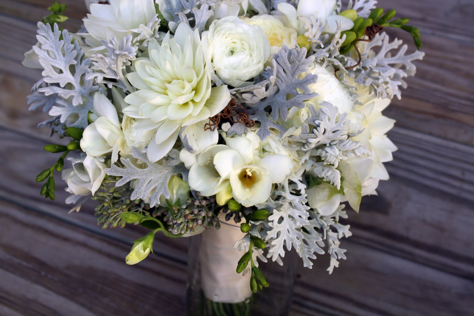 crosspollination: silver and white bouquet with red and purple maids