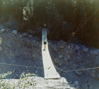 Crossing the suspension bridge on the Wonderland Trail, Mt. Rainier, 1973