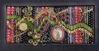 improvisational bead embroidery by Robin Atkins, hand-made book, Money Madness, cover detail