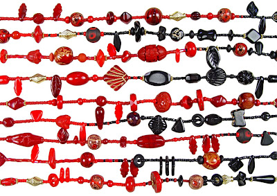 kimono necklace by Robin Atkins, center section, strands of red and black beads