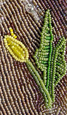 bead embroidery, landscape, by Robin Atkins, skunk cabbage detail