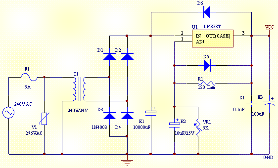 2V to 25V 5A LM338 Power Supply Circuit | Loublet Schematic