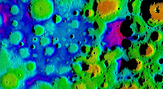 This color image is the highest resolution topography map to date of the moon's south pole.