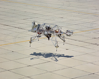 The late Joseph Algranti maneuvers the first Lunar Landing Research Vehicle, or LLRV, over Edwards Air Force Base' South Base ramp area on Aug. 19, 1966.