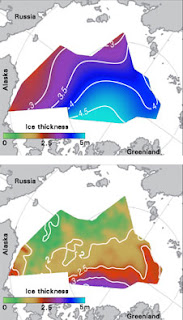 Patterns of average winter ice thickness from February to March show thicker ice in 1988 (above), compared to thinner ice averaged from 2003-2008 (below)