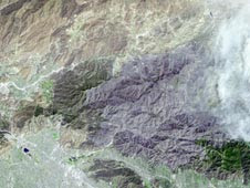 The extent of devastation from the Station fire burning near Los Angeles is strikingly visible in this Sept. 6 image from NASA's Terra satellite