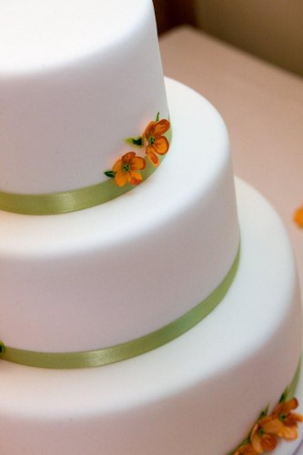 Classic round white icing wedding cake with soft green ribbon trimming and 