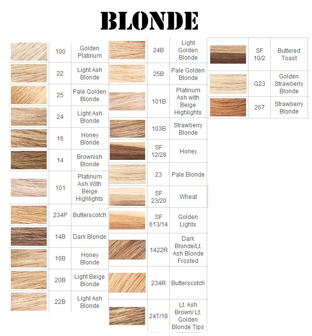 Full hair color charts for blondes , brunettes and frosty hair colors.