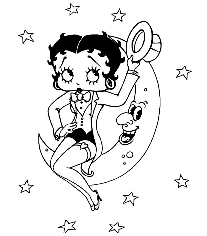 Betty Boop surrounded by stars wearing top hat and tails, sitting on  title=