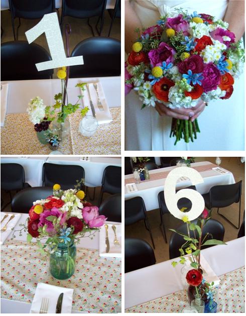 Each Table featured 3 designs 2 field flower arrangements in teal blue 
