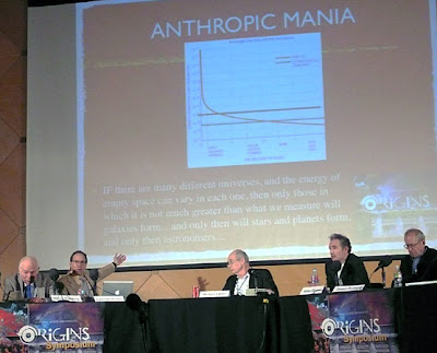Anthropic mania:Izq. a Der.: Steven Weinberg, Lawrence Krauss, Michael Turner, Brian Greene, y Jim Peebles