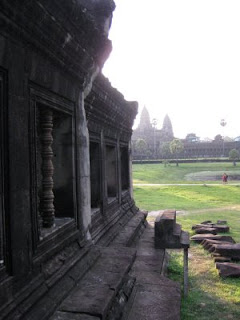 Inside Angkor Wat right after sunrise.
