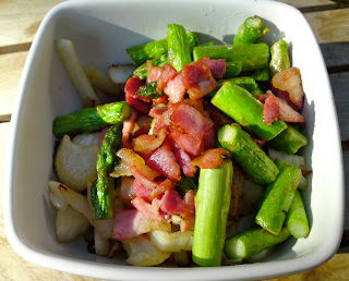 Thursday's pre-Opening dinner - sauteed cabbage and asparagus, topped with bacon