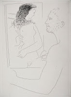 A sketch of a man considering his painting of a nude woman.