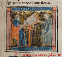 An illuminated illustration of two figures speaking over an open book.
