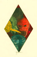 A colorful engraving of several grotesque faces enclosed within a diamond.