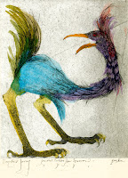 A colorful engraving of a bird with a long neck and legs.