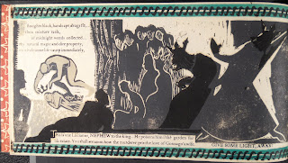 A figure pulls the crown from the head of another figure on the ground, as several others watch. The images are accompanied by blocks of printed text.