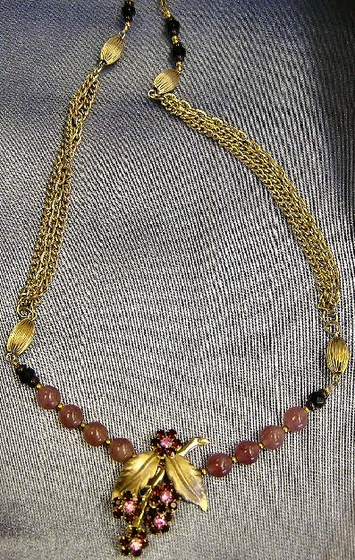 Rose Bead & Gold Chains with Grape Rhinestone Centerpiece
