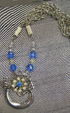 Silver Chain, Blue Crystal Beads and Art Deco/Rhinestone Pendant