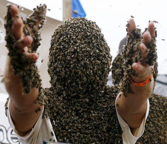 man covered his face with bee body completely covered by bees