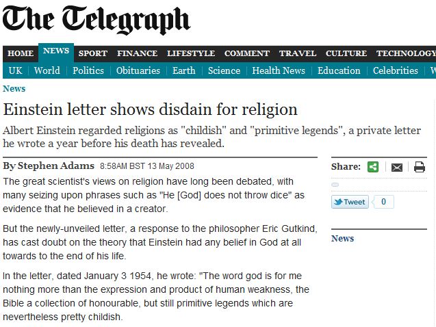 Einstein letter shows disdain for religion.