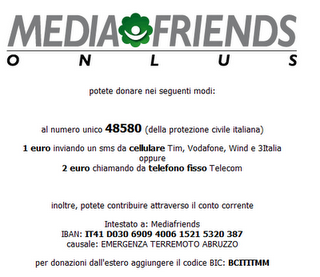 Donazione Terremoto Abruzzo 6 Aprile 2009