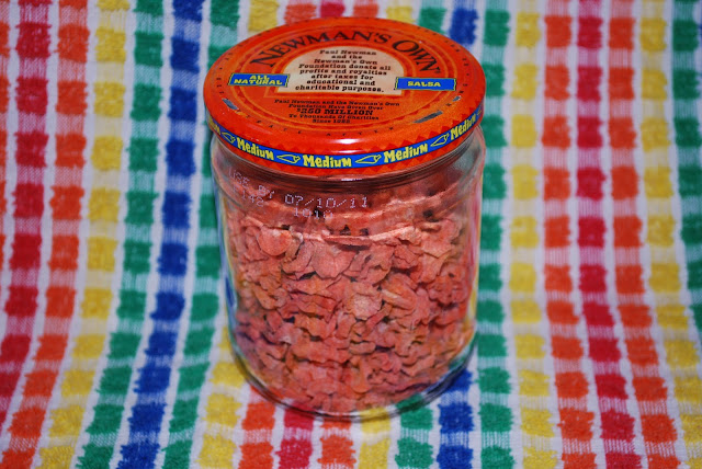 Dehydrated carrots in a recycled jar. This salsa jar contains an entire 3-pound bag of carrots!