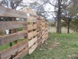 A fence made by attaching upright wooden pallets together in a row.