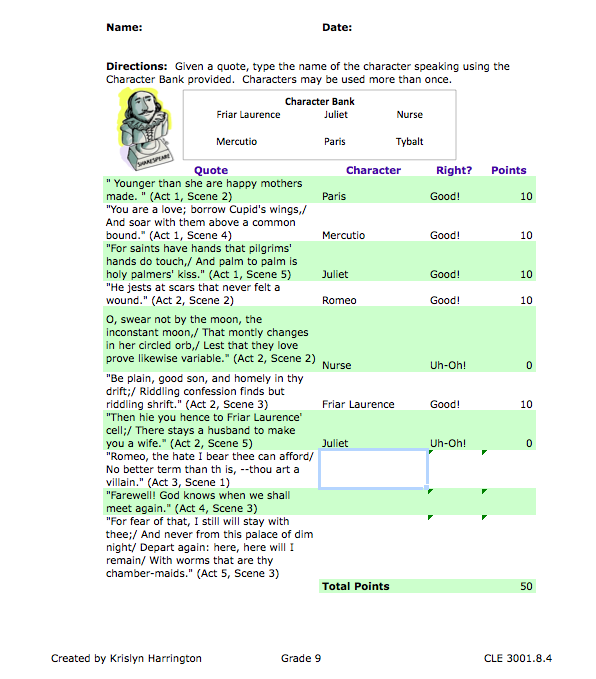 Krislyn's Introduction to Technology Spreadsheet Quiz