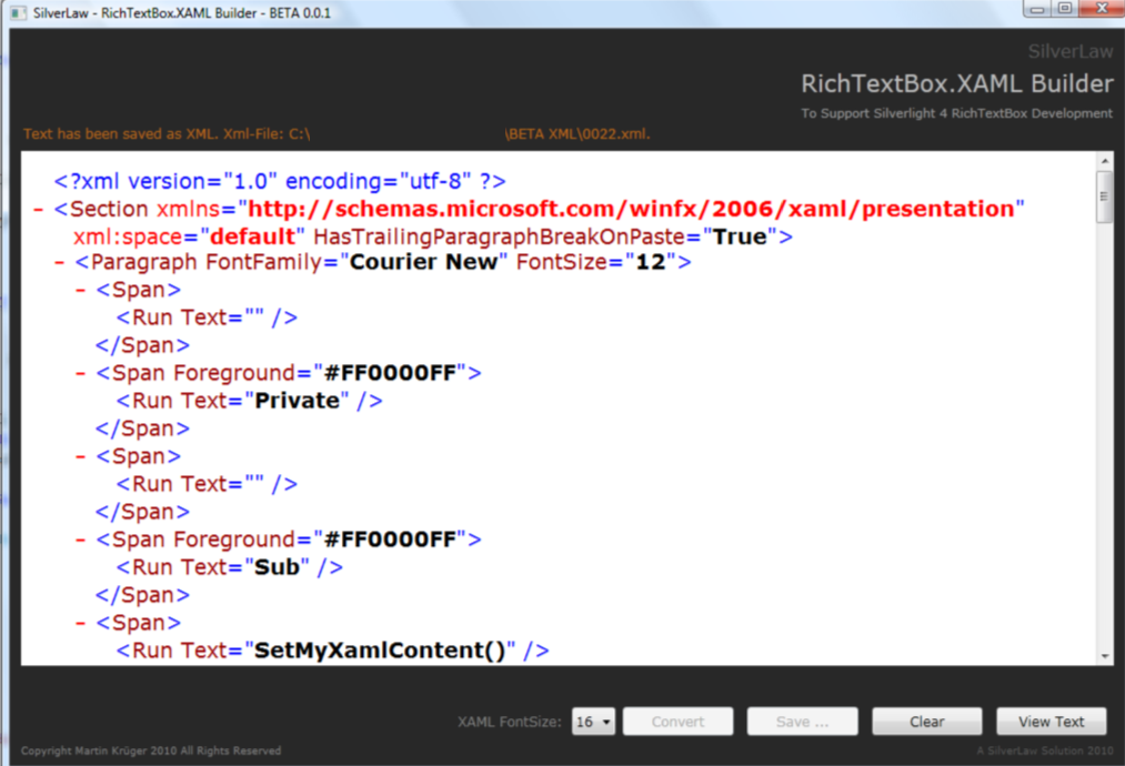 SilverLaw Rich Text zu Xml zu RichTextBox.Xaml mit dem "RichTextBox