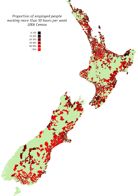 Proportion of employed people working more than 50 hours per week - All NZ, 2006 census