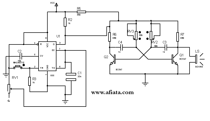 Electronic Circuits Diagram: chip sirine using IC1 555, BC547, BC547