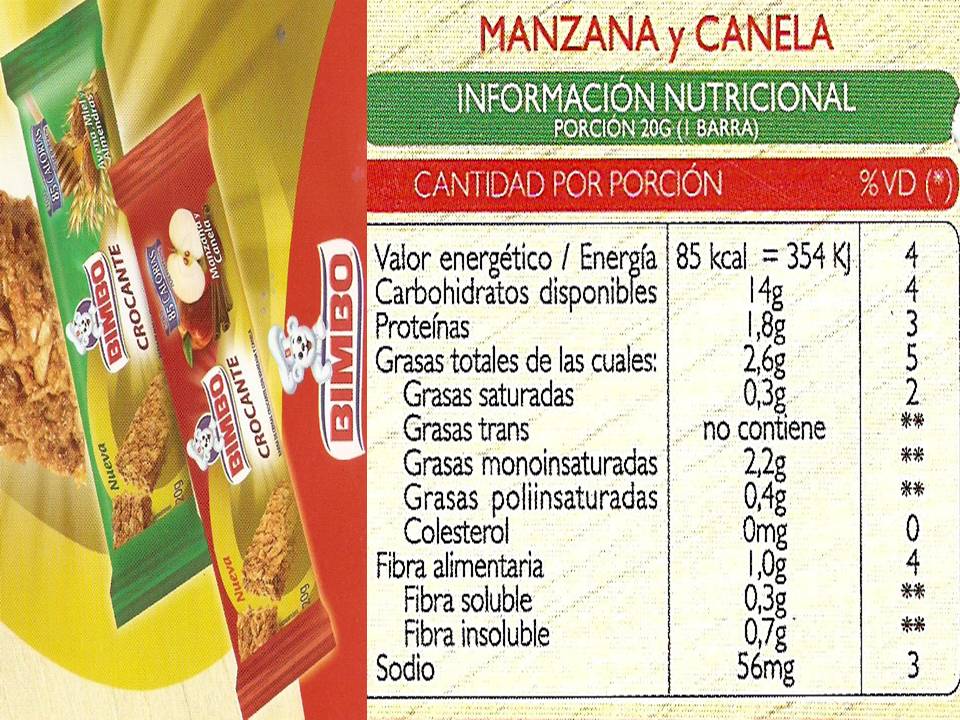 INFORMACIÓN NUTRICIONAL PH BIMBO CROCANTE MANZANA Y CANELA