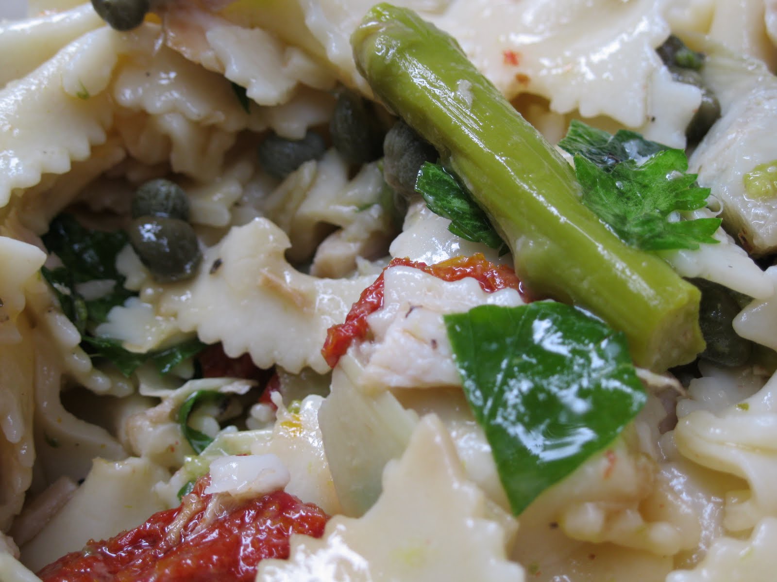 Ladies Supper Club Pasta Salad with tuna, asparagus, sundried tomatoes, artichoke hearts, and