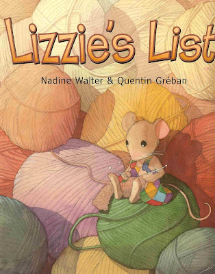 Front cover of the picture book Lizzie's List, showing a mouse knitting in front of a pile of balls of wool.