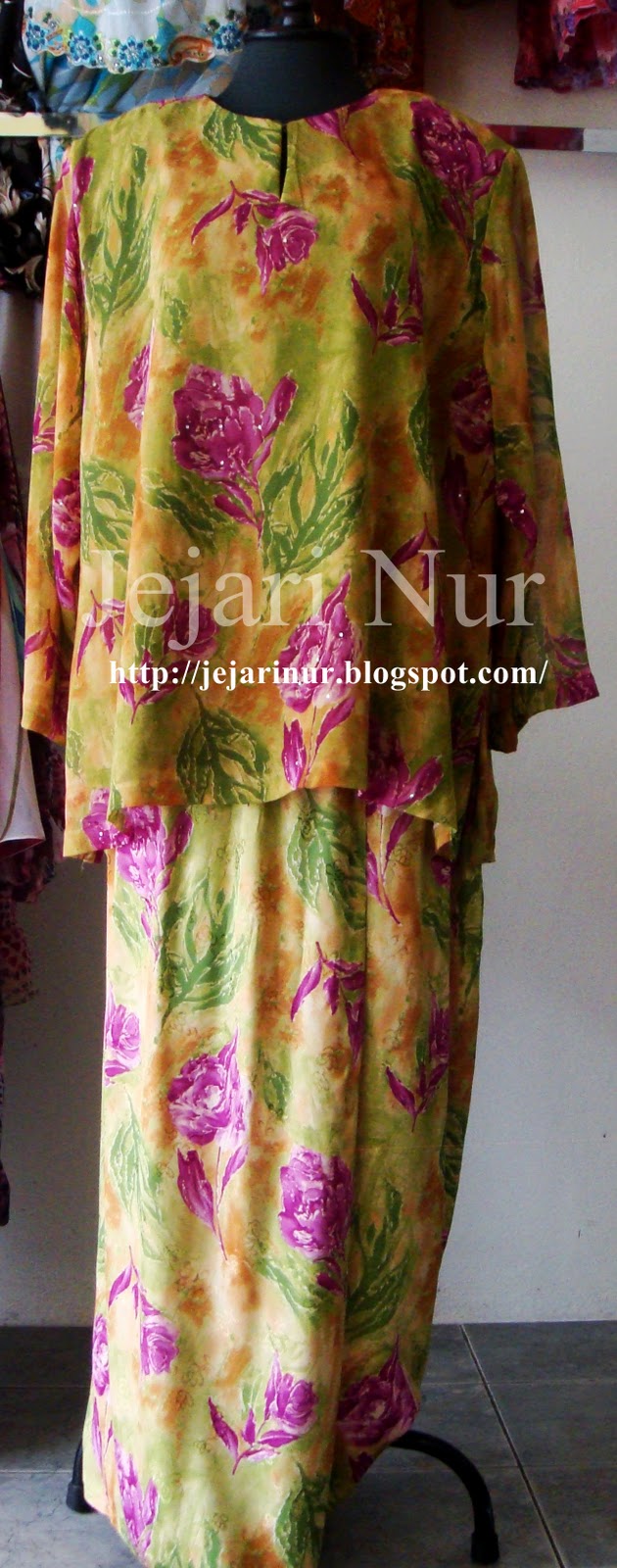  Baju Kurung Opah  green chiffon with purple flowers 