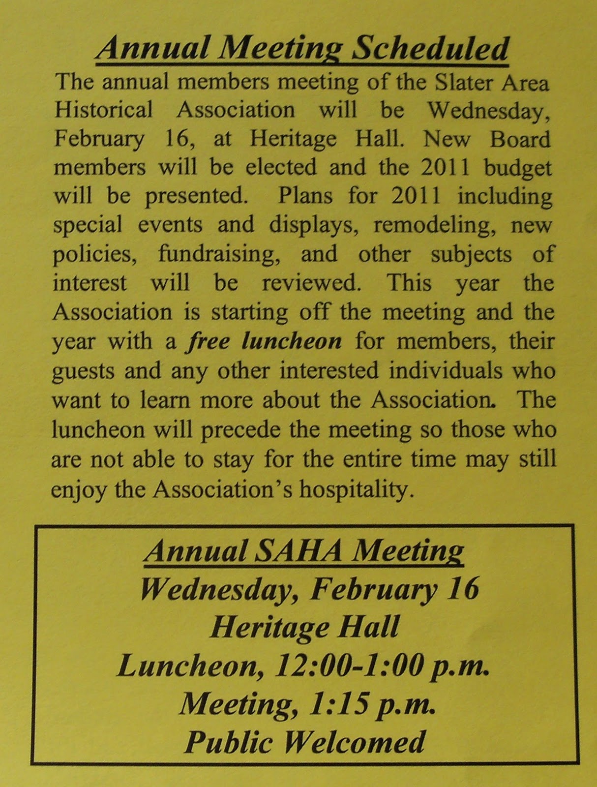 Story County Historical Alliance Slater Annual Meeting and Luncheon