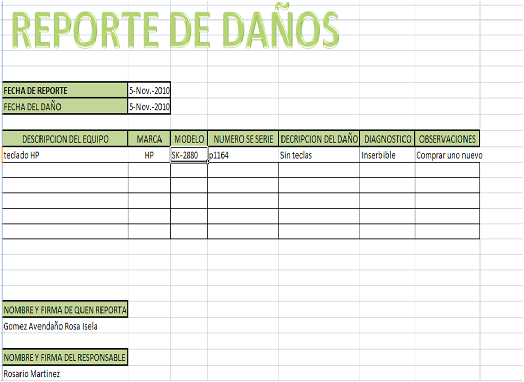 FORMATOS DEL TEMA 4: REPORTE DE DAÑOS