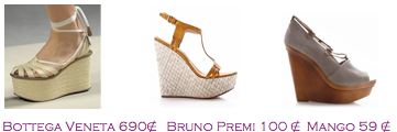 Comparativa precios 2010: Cuñas esparto cintas: Bottega Veneta 690€ - Bruno Premi 100€ - Mango 59€