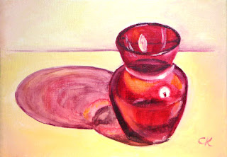 This picture has no caption. Connie Kleinjans: Original oil painting, Red Glass Vase, 5x7