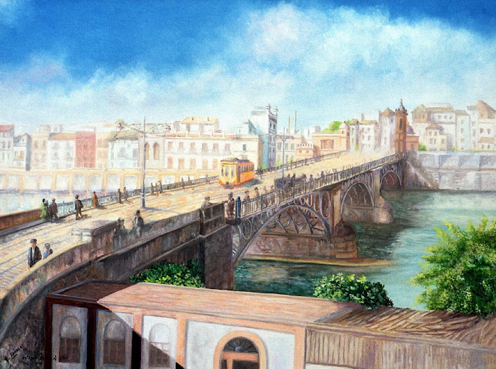 LA SEVILLA DE AYER. Tranvía por el puente de Triana a principios del s. XX