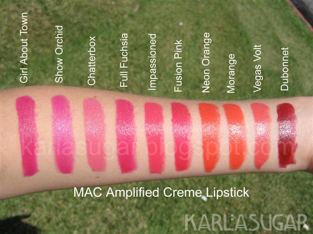 MAC, lipstick, Amplified Creme, Girl About Town, Show Orchid, Chatterbox, Full Fuchsia, Impassioned, Fusion Pink, Neon Orange, Morange, Vegas Volt, Dubonnet, swatches